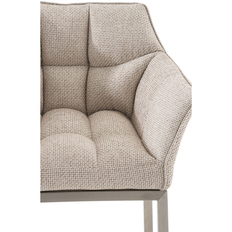 Elegant barstol med polstret stofbetræk og armlæn i rustfrit stål