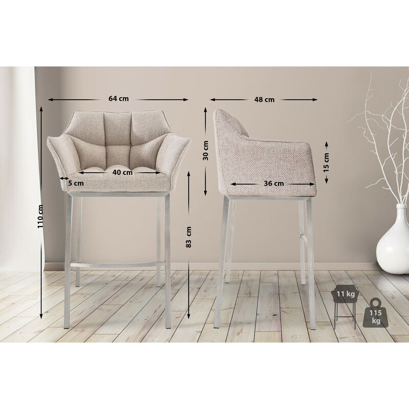 Elegant barstol med polstret stofbetræk og armlæn i rustfrit stål