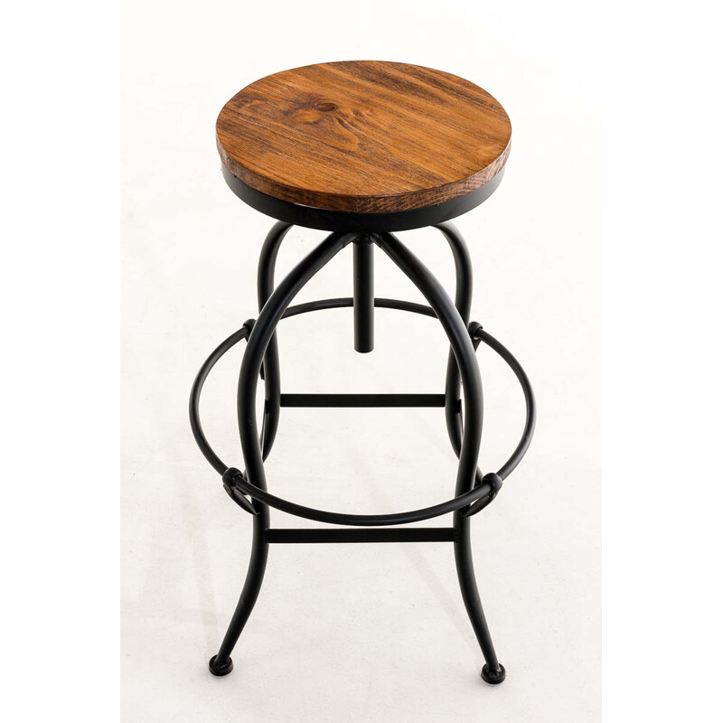 Industriel justerbar barstol med træsidde metalramme og rund fodstøtte