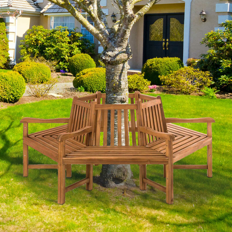 Teak havebænk 360 grader med armlæn til skyggefuld siddeplads