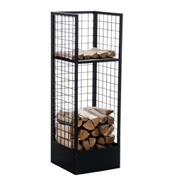 Sort metal brændefod med rustikt gitter og ekstra hylde