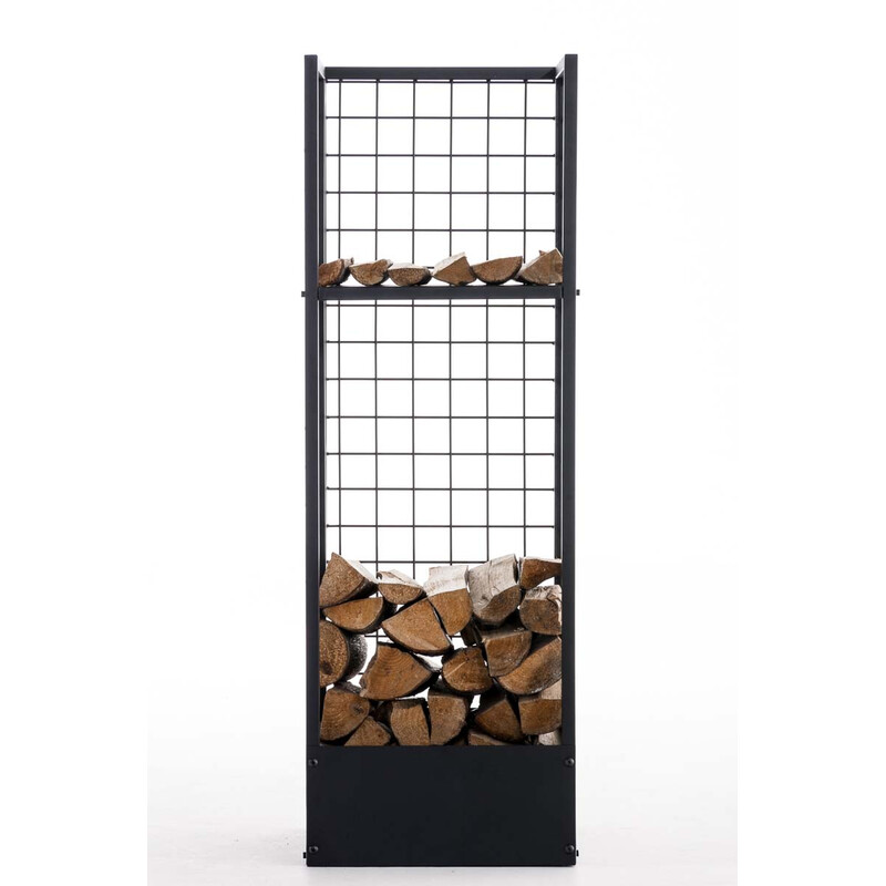Sort metal brændefod med rustikt gitter og ekstra hylde