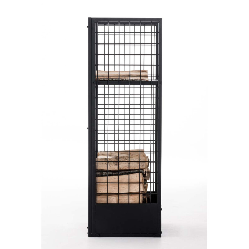 Sort metal brændefod med rustikt gitter og ekstra hylde