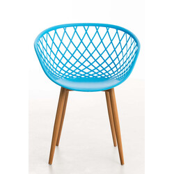 Elegant retro firebenet besøgsstol med træmønstret metalramme og plastsæde