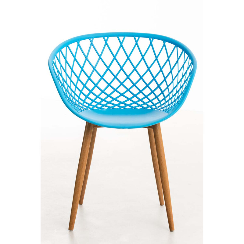 Elegant retro firebenet besøgsstol med træmønstret metalramme og plastsæde