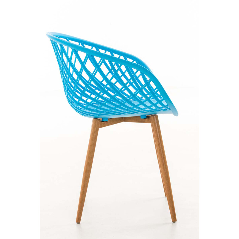 Elegant retro firebenet besøgsstol med træmønstret metalramme og plastsæde