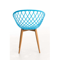 Elegant retro firebenet besøgsstol med træmønstret metalramme og plastsæde