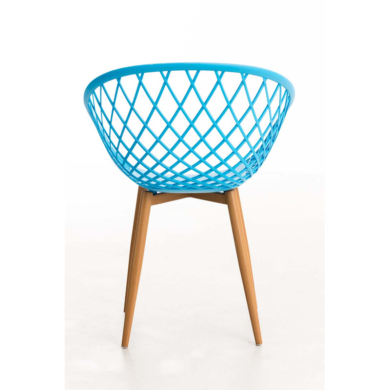 Elegant retro firebenet besøgsstol med træmønstret metalramme og plastsæde