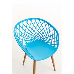 Elegant retro firebenet besøgsstol med træmønstret metalramme og plastsæde