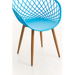 Elegant retro firebenet besøgsstol med træmønstret metalramme og plastsæde