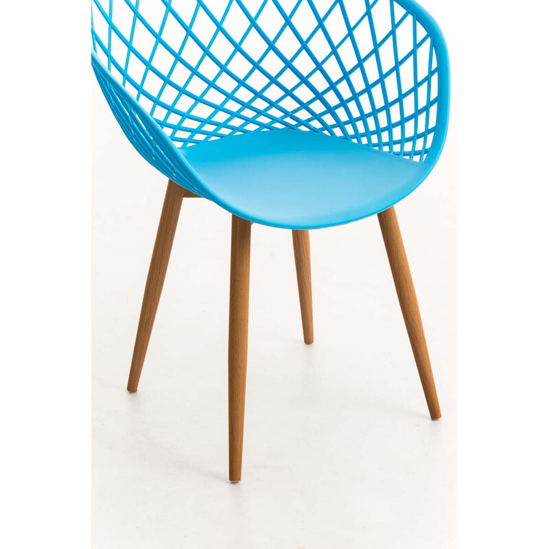 Elegant retro firebenet besøgsstol med træmønstret metalramme og plastsæde