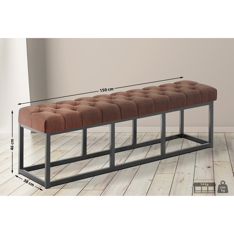 Amun-bænk med stofbetræk quiltet polstring mat sort metalramme 100‑150 cm