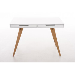 Stilfuldt hvidt skrivebord med egetræben to skuffer 110 eller 140 cm