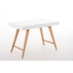 Stilfuldt hvidt skrivebord med egetræben to skuffer 110 eller 140 cm
