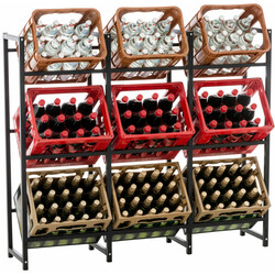 Drikkestativkurv med skrå hylder til ni kasser i rustfrit eller sort stål