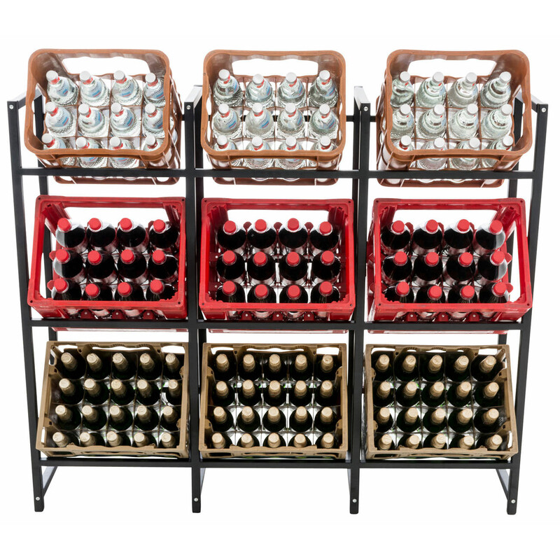 Drikkestativkurv med skrå hylder til ni kasser i rustfrit eller sort stål