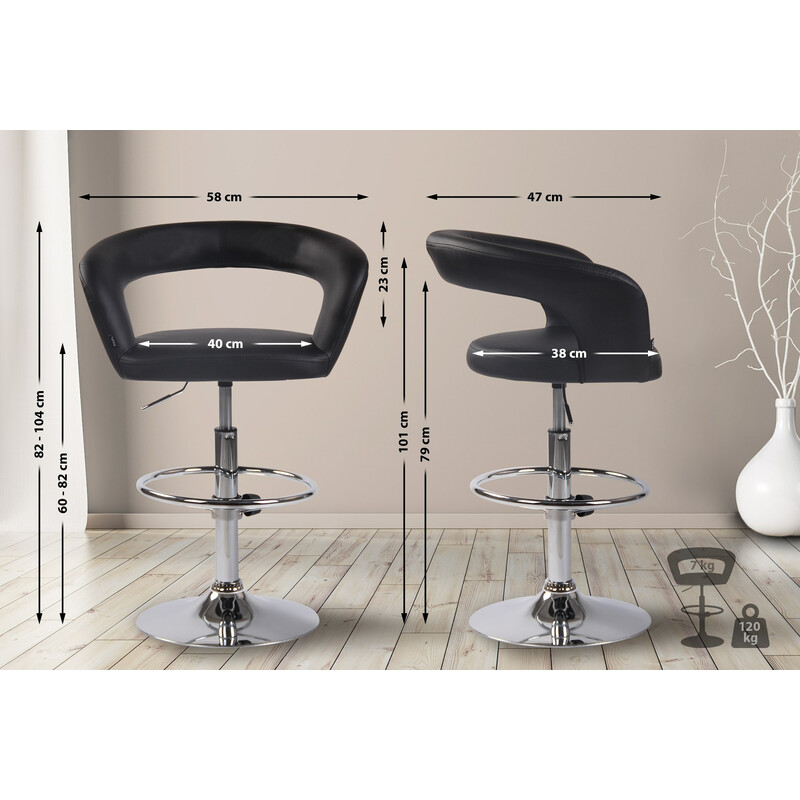 Justerbar barstol med roterende sæde og fodstøtte i kromet metal
