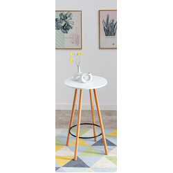 Rund ståbord i fyrretræ med kegleformede ben gulvbeskyttere og skandinavisk design