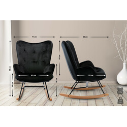 Moderne fløjlsgyngestol med polstret sæde træben og sort metalramme