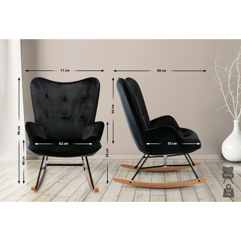 Moderne fløjlsgyngestol med polstret sæde træben og sort metalramme