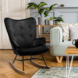 Moderne fløjlsgyngestol med polstret sæde træben og sort metalramme