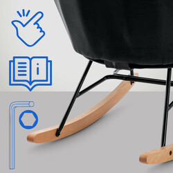 Moderne fløjlsgyngestol med polstret sæde træben og sort metalramme