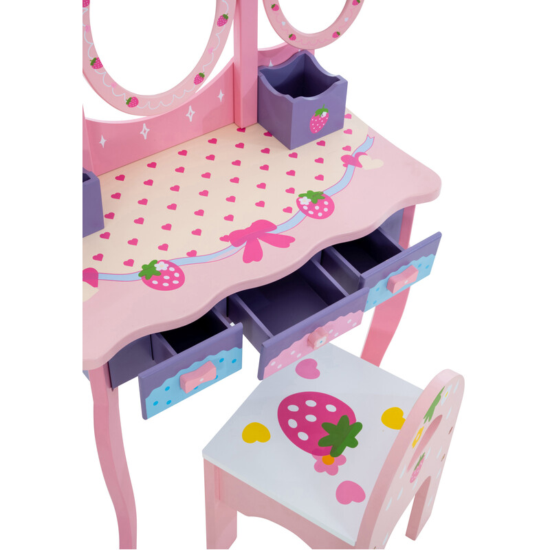 Prinsessens træ sminkebord og stol til børn med tre spejle