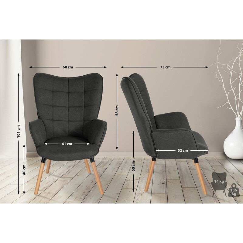 Garding lænestol med stofbetræk runde armlæn og lyst fyrretræ ben