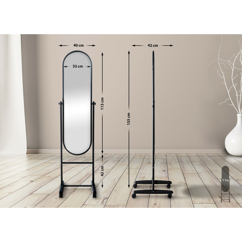 Ovalt spejl med metalramme på hjul 155 cm i flere farver