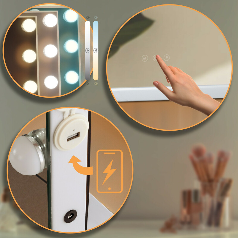 LED makeup-spejl med berøringspanel USB-port og 3 lysindstillinger