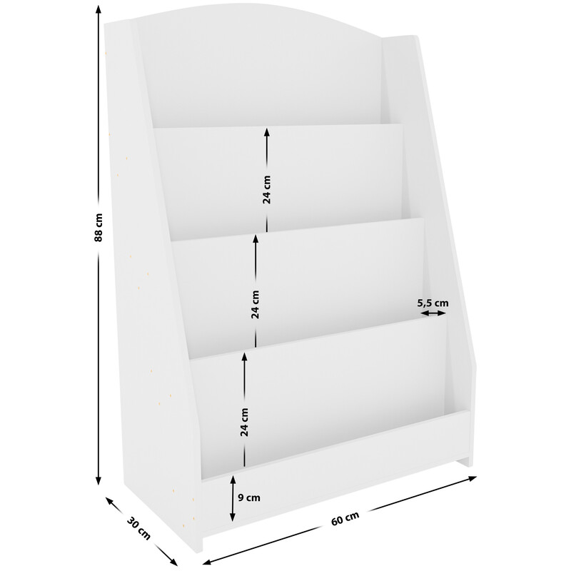 Tidløs børneværelsesbogreol med fire udstillingshylder lav højde trapezformet MDF