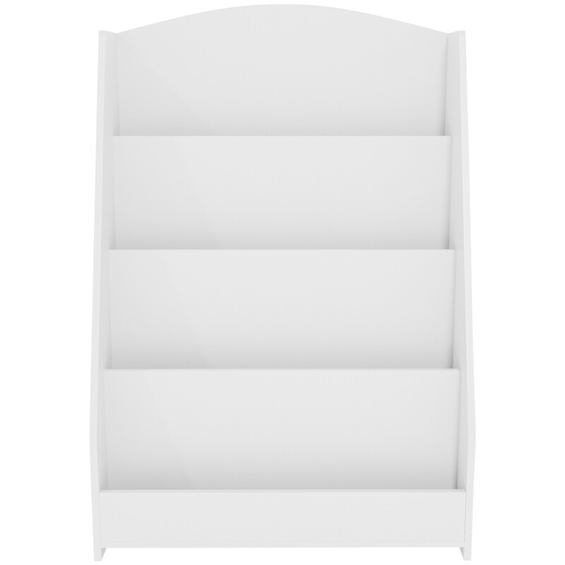 Tidløs børneværelsesbogreol med fire udstillingshylder lav højde trapezformet MDF