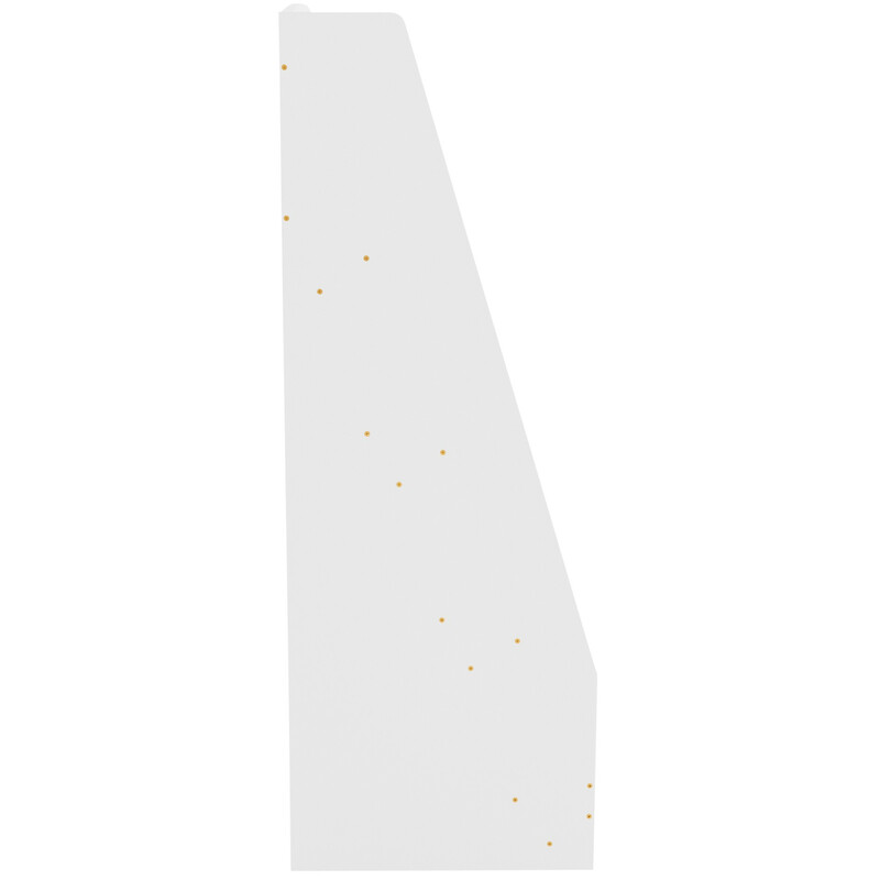 Tidløs børneværelsesbogreol med fire udstillingshylder lav højde trapezformet MDF