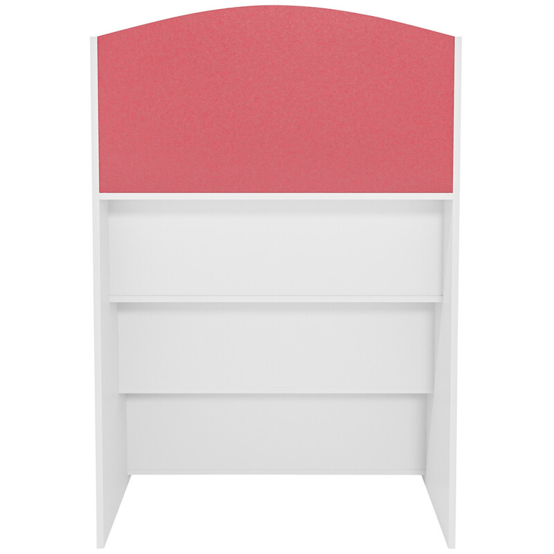 Tidløs børneværelsesbogreol med fire udstillingshylder lav højde trapezformet MDF