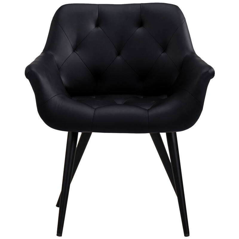 Moderne polstret spisestol med metalramme og armlæn i kunstlæder