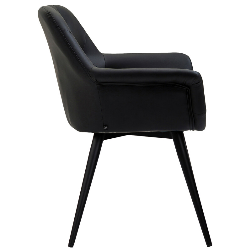 Moderne polstret spisestol med metalramme og armlæn i kunstlæder