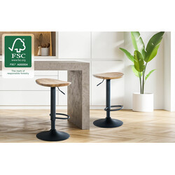 Justerbar barstol med 360 graders roterende massivt træ sæde og sort metalramme