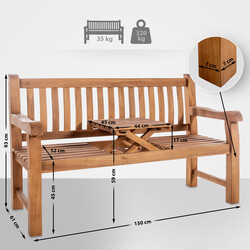 Elegant teaktræ havebænk med sammenklappeligt bord rygstøtte og armlæn