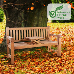 Elegant teaktræ havebænk med sammenklappeligt bord rygstøtte og armlæn