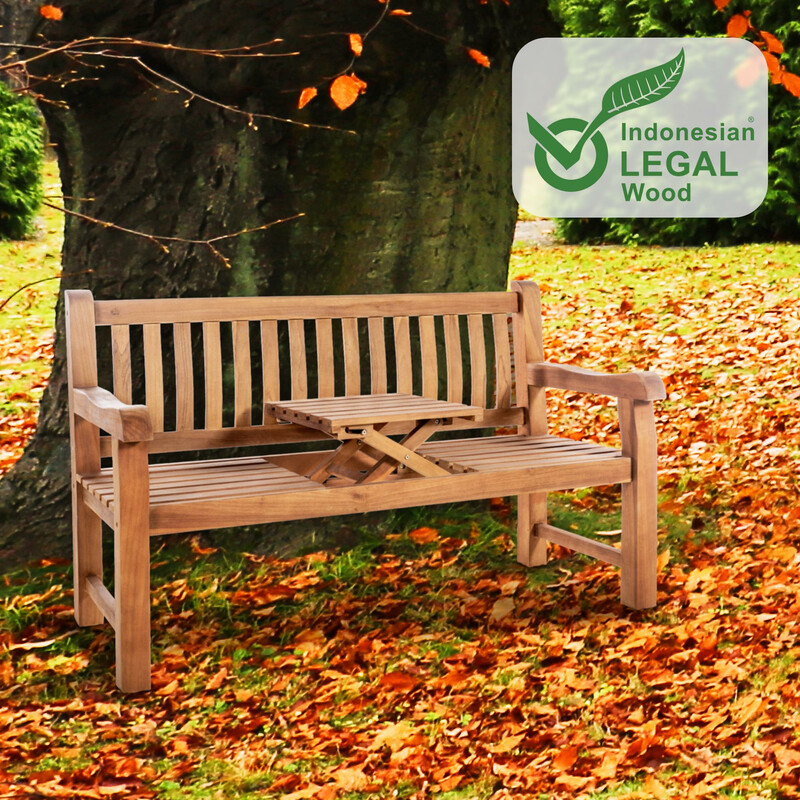 Elegant teaktræ havebænk med sammenklappeligt bord rygstøtte og armlæn