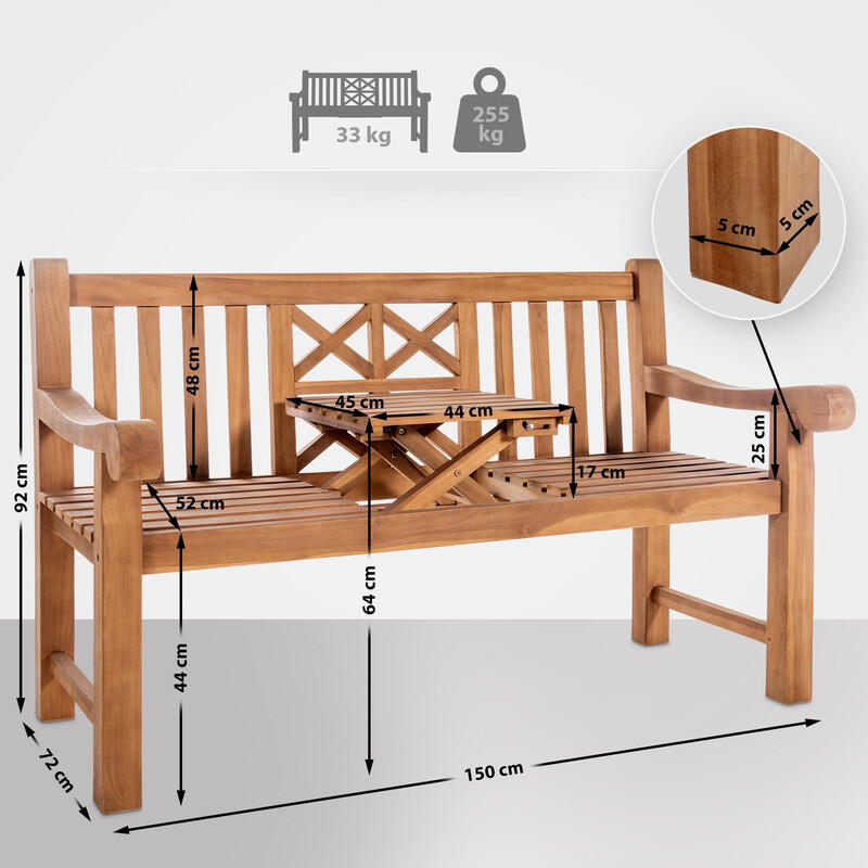 Elegant teaktræbænk med integreret bord til udendørs brug