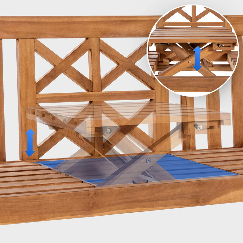 Elegant teaktræbænk med integreret bord til udendørs brug