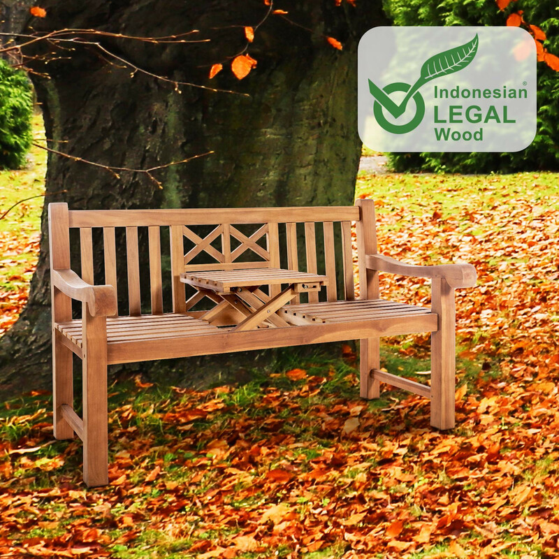 Elegant teaktræbænk med integreret bord til udendørs brug
