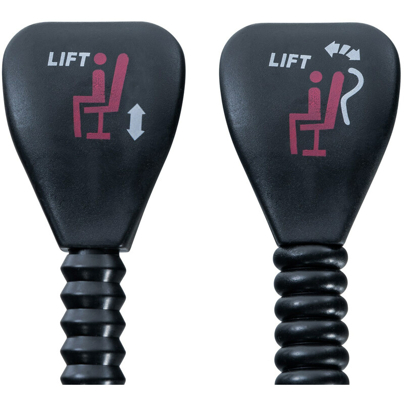 Justerbar sædefastgørelse til kontorstol med to håndtag og låsbart ryglæn