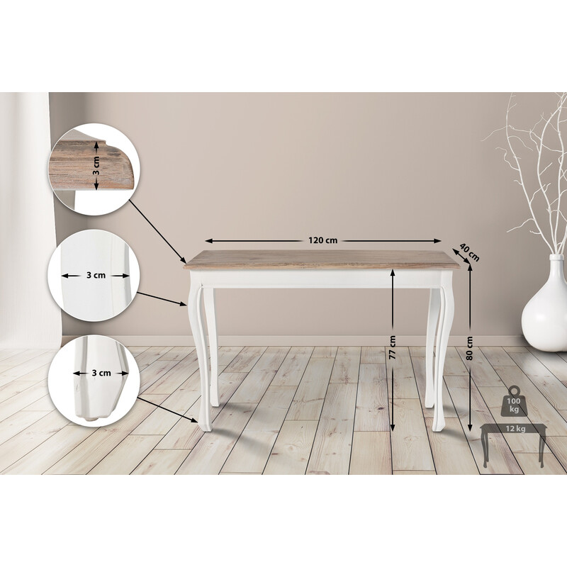 Stilfuldt genanvendt fyrretræ konsolbord med buede ben