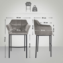 Damaso barstol med fløjlsbetræk fire ben moderne i sølv sort hvid